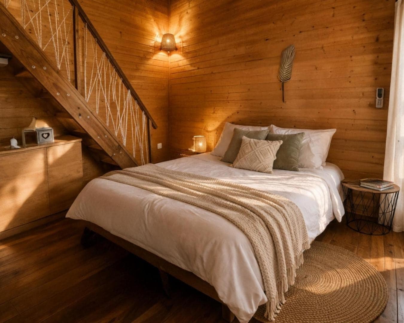 Chambre lambrissée et escalier de bois · © Bunga-lodge Vanille