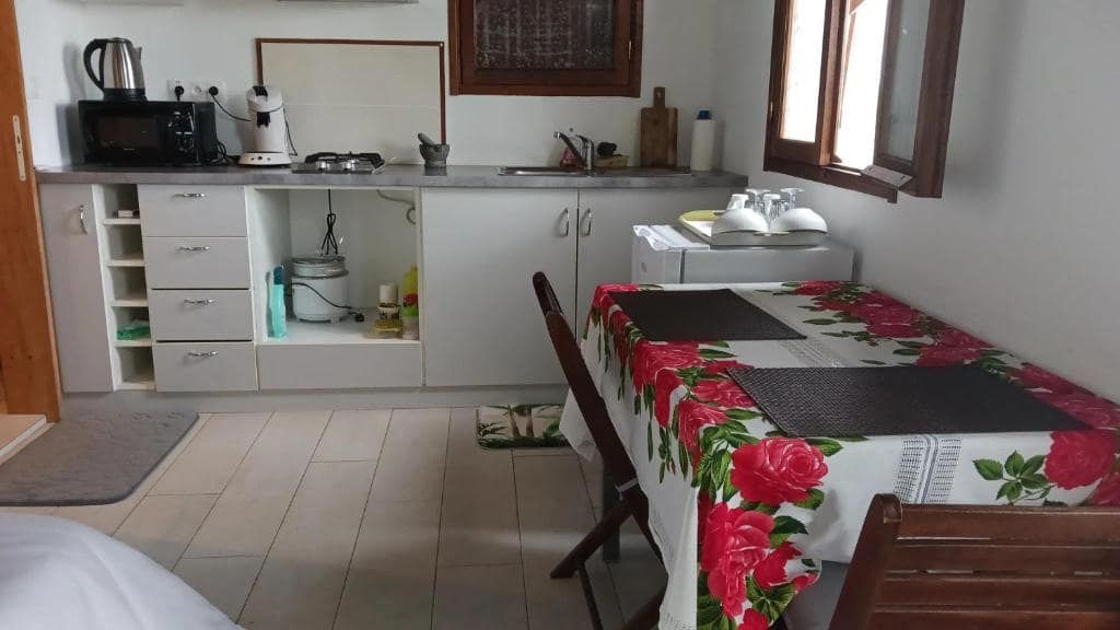 Cuisine équipée avec plaque, micro-ondes et coin repas nappe roses · © Bungalow Maïdo