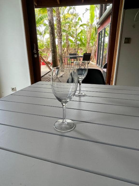 Verres à vin dressés sur table de terrasse face aux bananiers · © Caz Margouillat