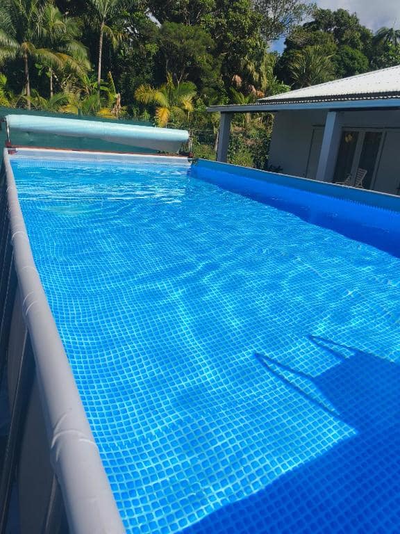 Piscine, palmiers, bâtiment au fond · © Gîte Route des Laves