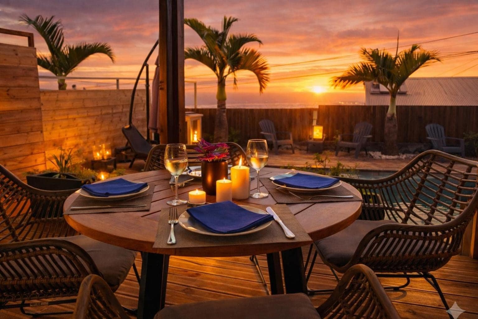 Table dressée sur la terrasse au couchant · © Villa des 4 Sens