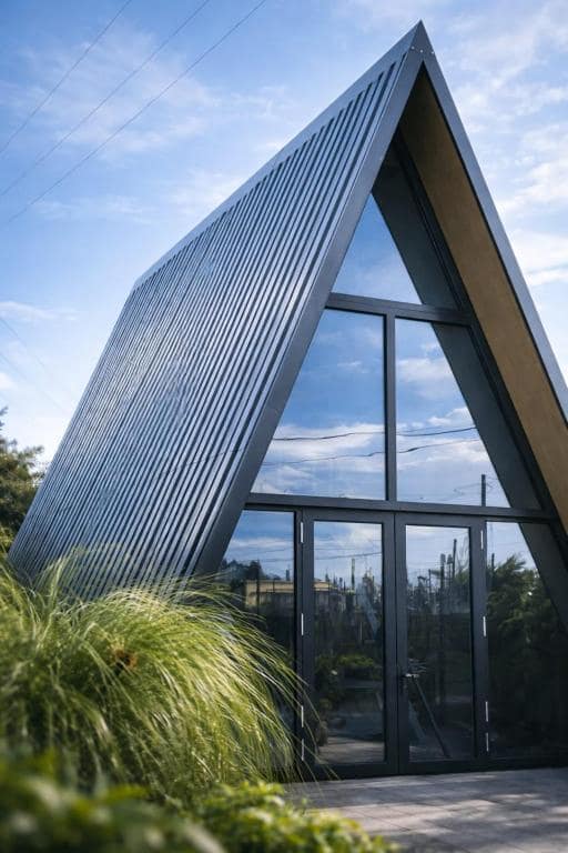 Façade A-frame en bardage noir, baie vitrée triangulaire · © Kaz triang