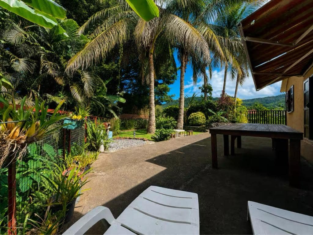 Terrasse, table bois et palmiers sur les collines · © Kaz'A Olymp