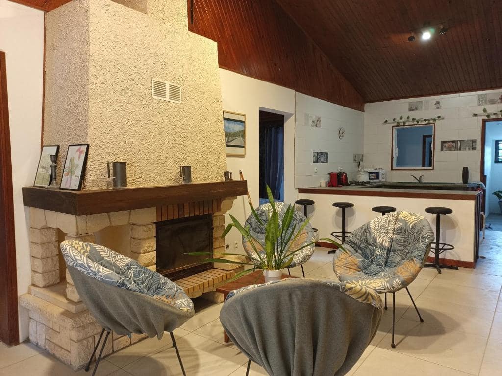 Salon avec cheminée en pierre, bar en fond et fauteuils tressés · © La baie rose