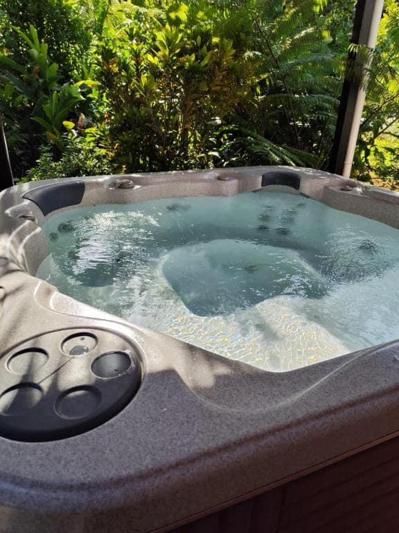 Bain à remous extérieur dans les fougères · © La Kaz Mamie