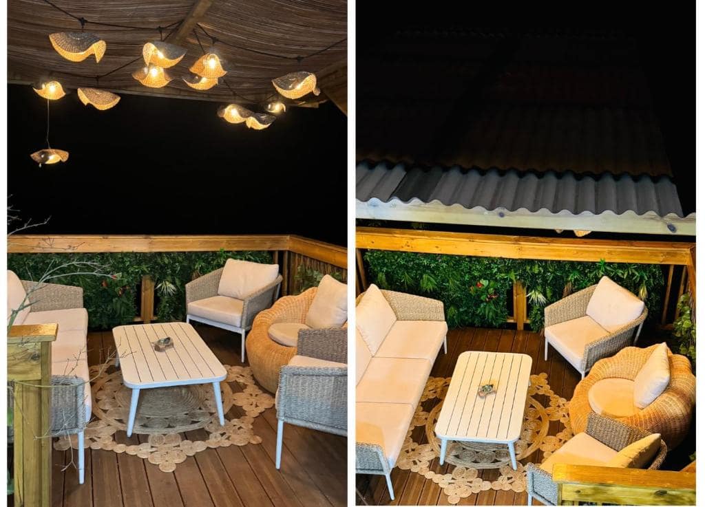 Deck sous pergola, guirlandes en osier tressé · © LaKaz à Eva