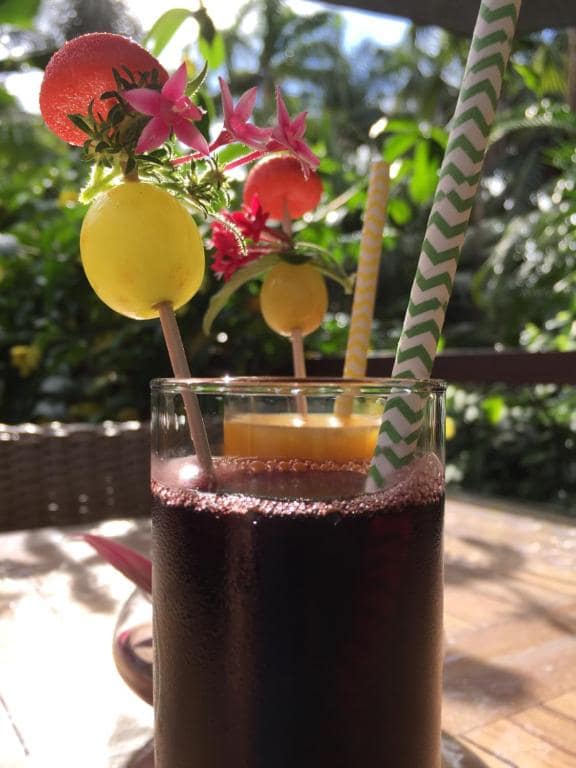Cocktail de bienvenue, fruits piqués et fleurs tropicales · © Lodge Palmae