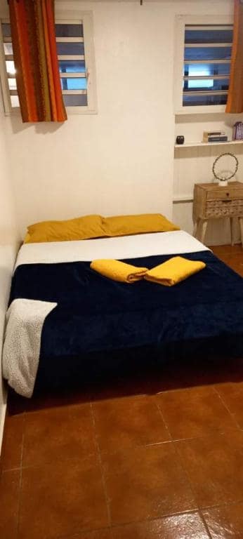 Allée pavée traversant un jardin planté vers l'entrée vitrée · © Maison de Vacances à Bras-Panon