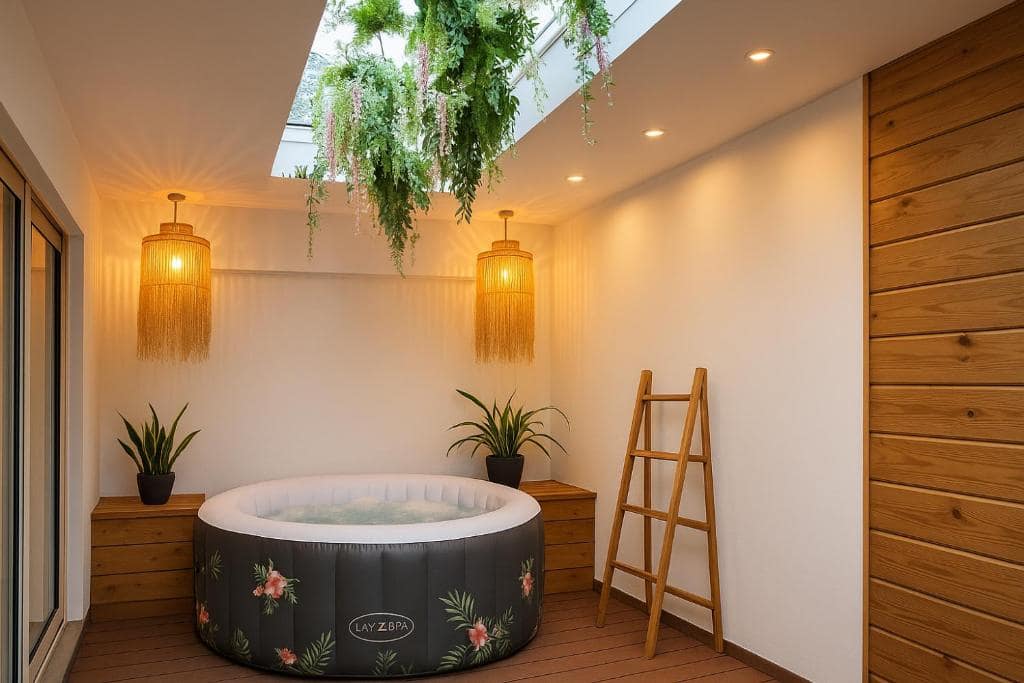 Spa gonflable sous verrière avec suspensions bambou · © Ti Kaz Angelyn