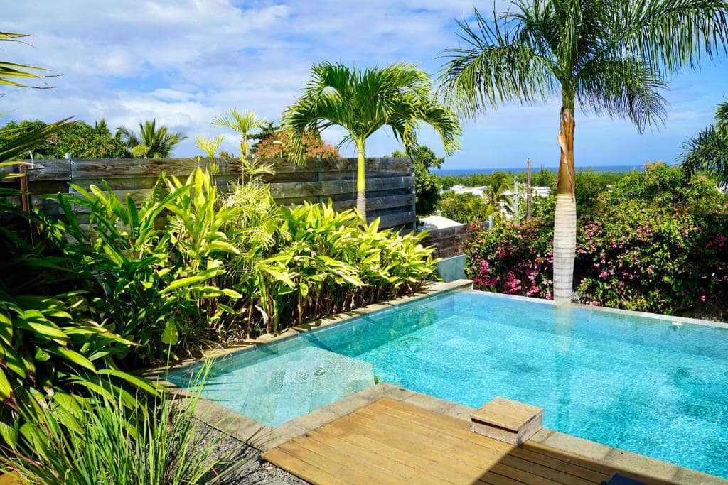 Piscine et palmiers, l'océan visible au fond du panorama · © Villa Acacias