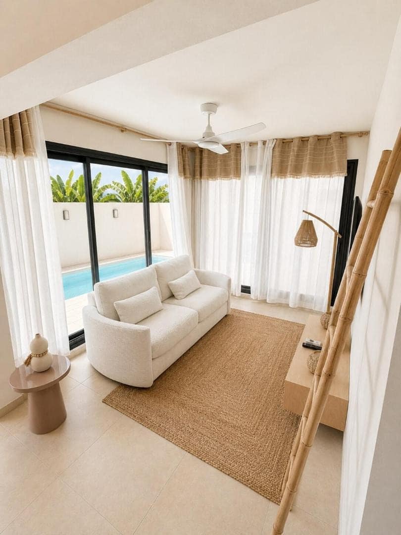 Séjour blanc ouvert par la baie sur le bassin · © Villa Arum