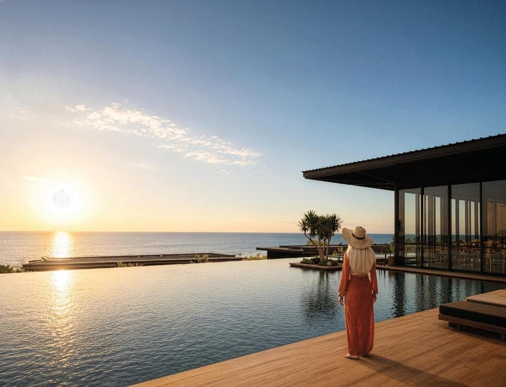 Piscine à débordement face au coucher de soleil · © Wood Hôtel & Spa